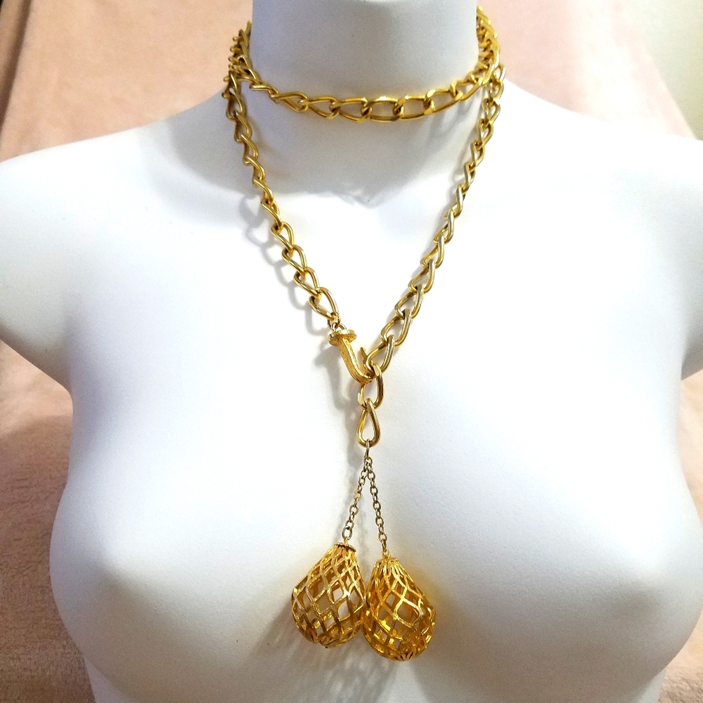 Vintage Goldtone Chain Double Bulb Hook Necklace